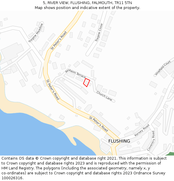 5, RIVER VIEW, FLUSHING, FALMOUTH, TR11 5TN: Location map and indicative extent of plot