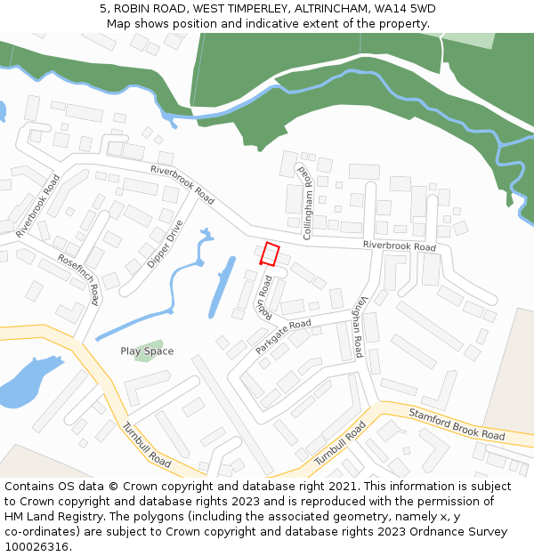 5, ROBIN ROAD, WEST TIMPERLEY, ALTRINCHAM, WA14 5WD: Location map and indicative extent of plot