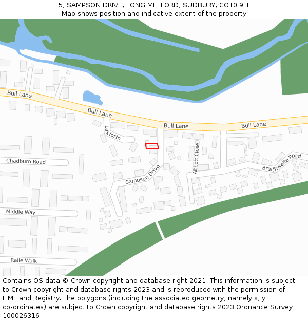 5, SAMPSON DRIVE, LONG MELFORD, SUDBURY, CO10 9TF: Location map and indicative extent of plot