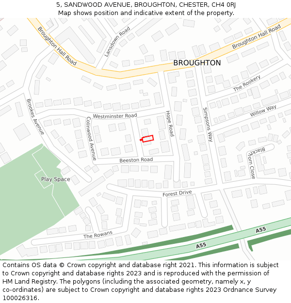 5, SANDWOOD AVENUE, BROUGHTON, CHESTER, CH4 0RJ: Location map and indicative extent of plot