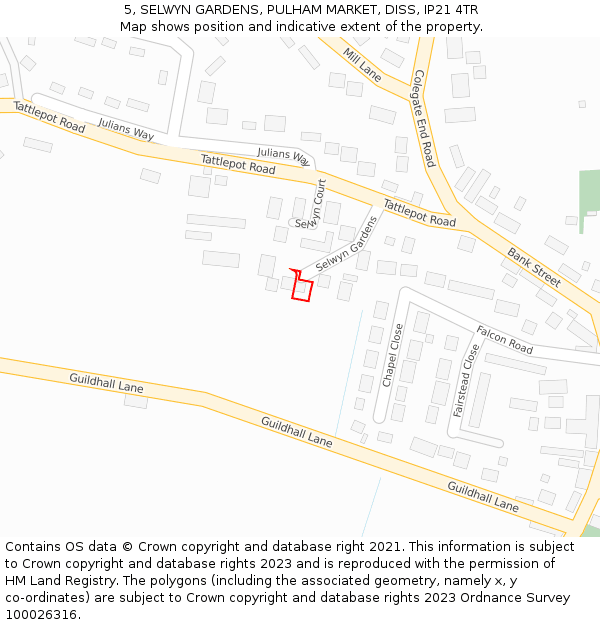 5, SELWYN GARDENS, PULHAM MARKET, DISS, IP21 4TR: Location map and indicative extent of plot