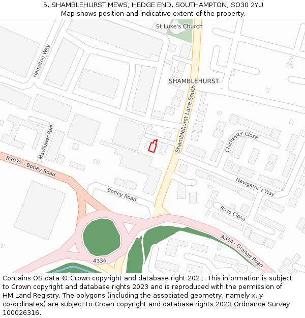 5, SHAMBLEHURST MEWS, HEDGE END, SOUTHAMPTON, SO30 2YU: Location map and indicative extent of plot