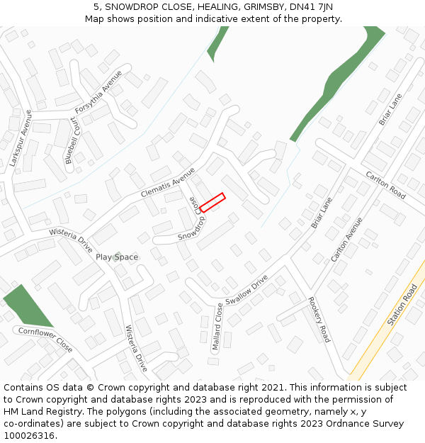 5, SNOWDROP CLOSE, HEALING, GRIMSBY, DN41 7JN: Location map and indicative extent of plot