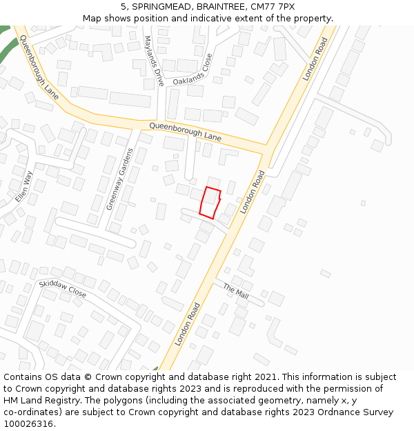 5, SPRINGMEAD, BRAINTREE, CM77 7PX: Location map and indicative extent of plot