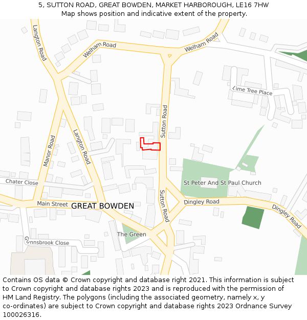 5, SUTTON ROAD, GREAT BOWDEN, MARKET HARBOROUGH, LE16 7HW: Location map and indicative extent of plot