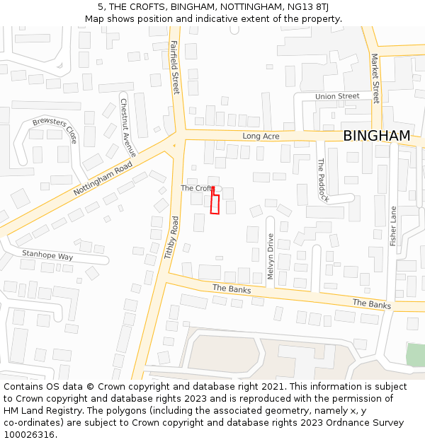 5, THE CROFTS, BINGHAM, NOTTINGHAM, NG13 8TJ: Location map and indicative extent of plot