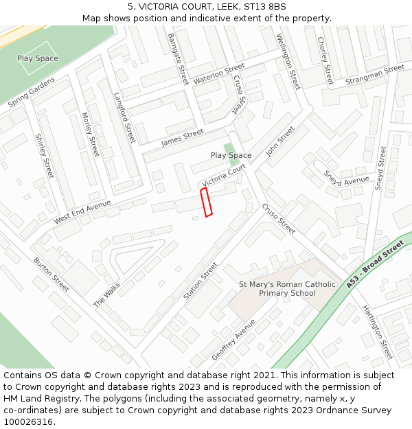 5, VICTORIA COURT, LEEK, ST13 8BS: Location map and indicative extent of plot