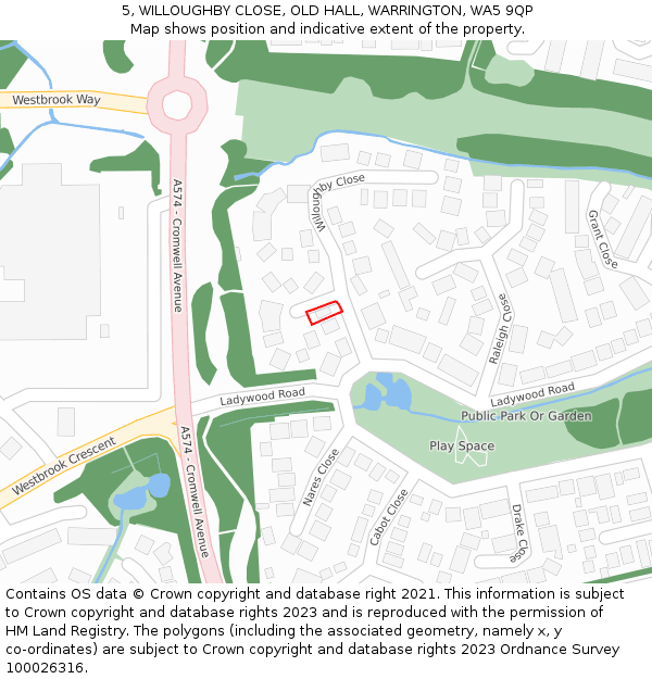 5, WILLOUGHBY CLOSE, OLD HALL, WARRINGTON, WA5 9QP: Location map and indicative extent of plot