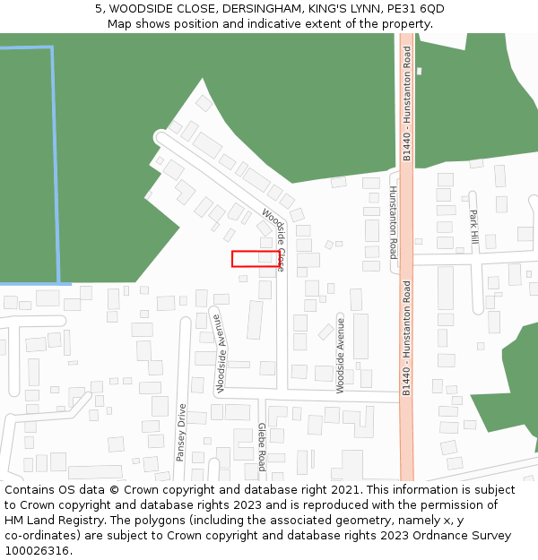 5, WOODSIDE CLOSE, DERSINGHAM, KING'S LYNN, PE31 6QD: Location map and indicative extent of plot