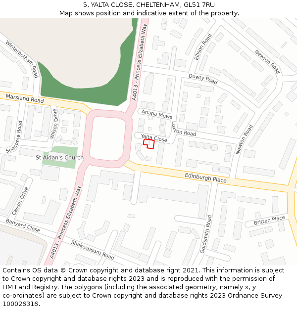 5, YALTA CLOSE, CHELTENHAM, GL51 7RU: Location map and indicative extent of plot