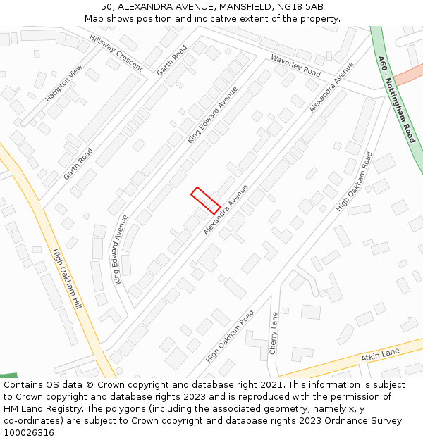 50, ALEXANDRA AVENUE, MANSFIELD, NG18 5AB: Location map and indicative extent of plot