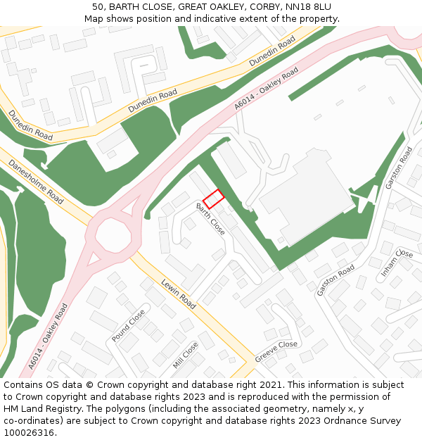 50, BARTH CLOSE, GREAT OAKLEY, CORBY, NN18 8LU: Location map and indicative extent of plot