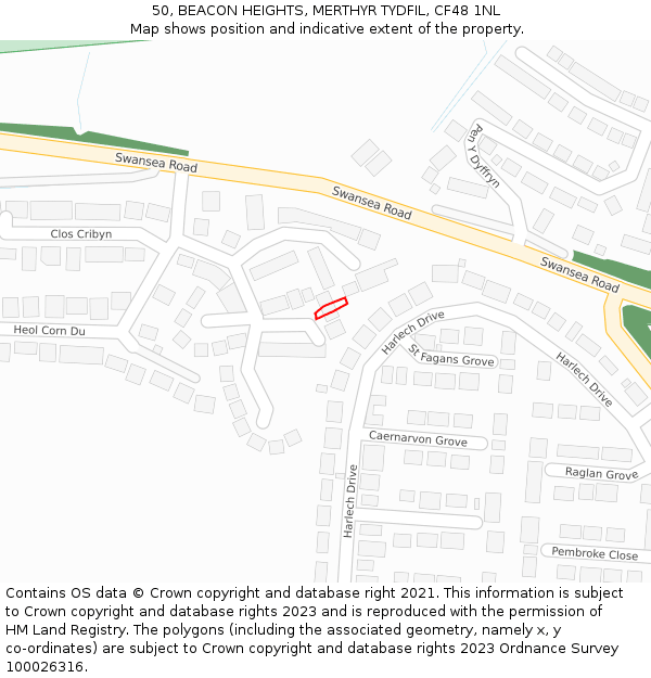 50, BEACON HEIGHTS, MERTHYR TYDFIL, CF48 1NL: Location map and indicative extent of plot