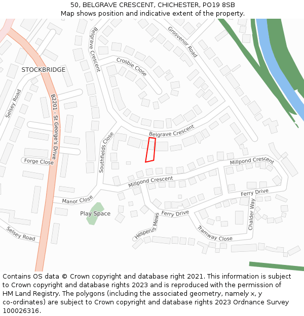 50, BELGRAVE CRESCENT, CHICHESTER, PO19 8SB: Location map and indicative extent of plot