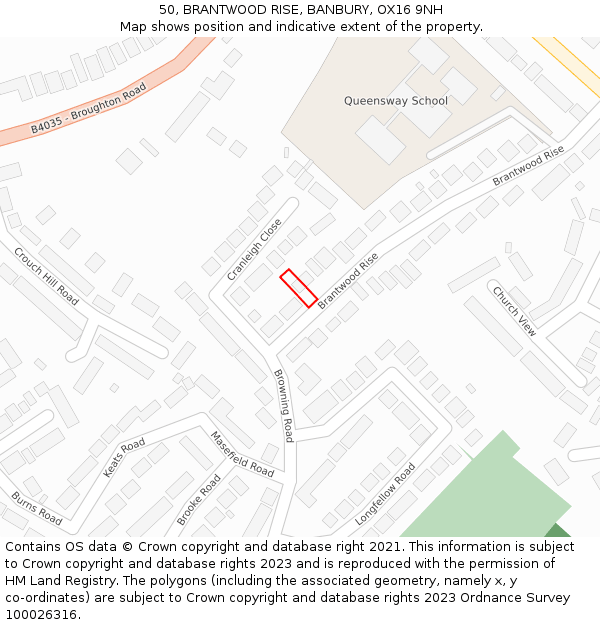 50, BRANTWOOD RISE, BANBURY, OX16 9NH: Location map and indicative extent of plot