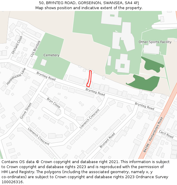 50, BRYNTEG ROAD, GORSEINON, SWANSEA, SA4 4FJ: Location map and indicative extent of plot