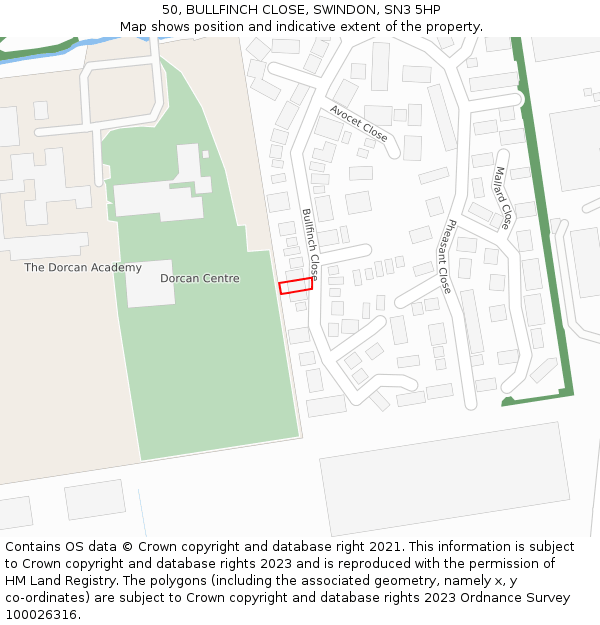 50, BULLFINCH CLOSE, SWINDON, SN3 5HP: Location map and indicative extent of plot