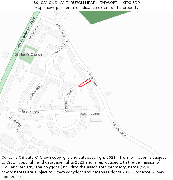 50, CANONS LANE, BURGH HEATH, TADWORTH, KT20 6DP: Location map and indicative extent of plot