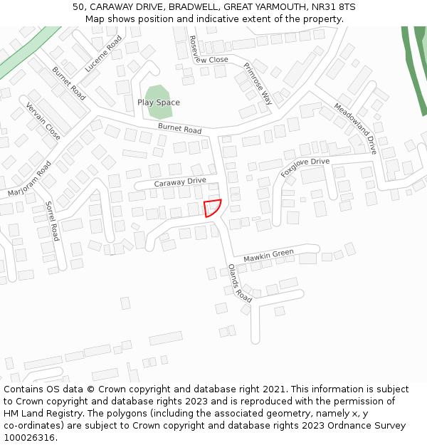 50, CARAWAY DRIVE, BRADWELL, GREAT YARMOUTH, NR31 8TS: Location map and indicative extent of plot