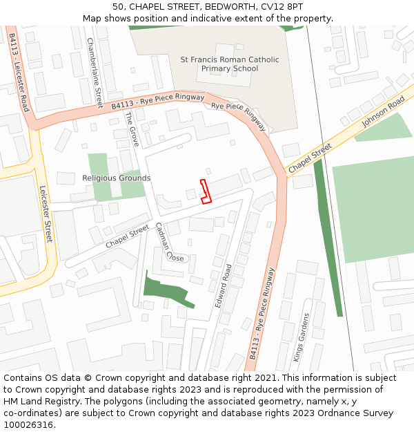 50, CHAPEL STREET, BEDWORTH, CV12 8PT: Location map and indicative extent of plot