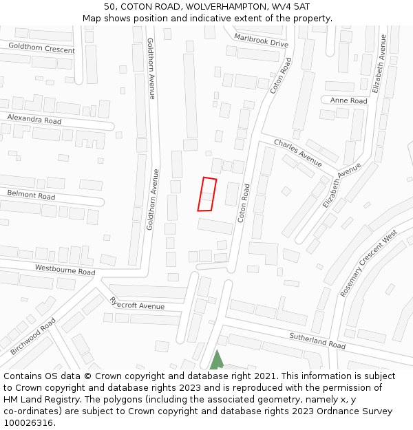50, COTON ROAD, WOLVERHAMPTON, WV4 5AT: Location map and indicative extent of plot