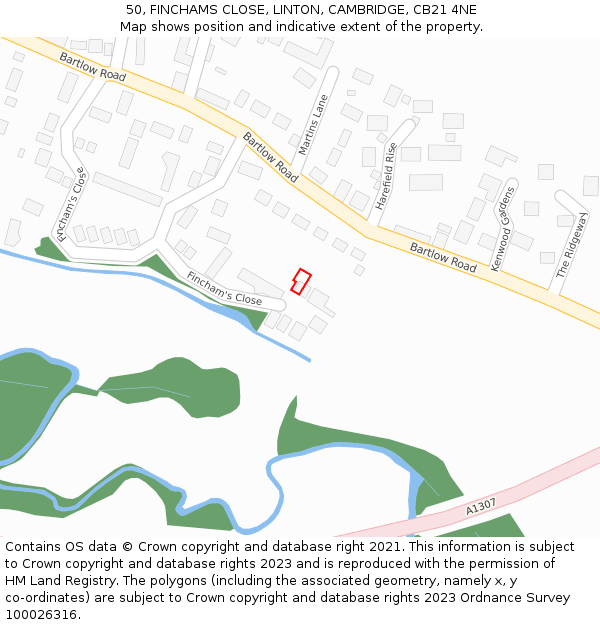 50, FINCHAMS CLOSE, LINTON, CAMBRIDGE, CB21 4NE: Location map and indicative extent of plot