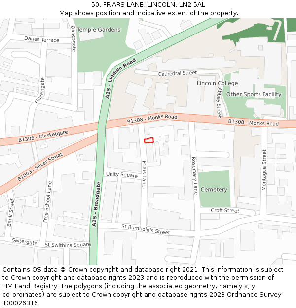 50, FRIARS LANE, LINCOLN, LN2 5AL: Location map and indicative extent of plot