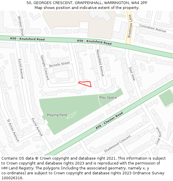 50, GEORGES CRESCENT, GRAPPENHALL, WARRINGTON, WA4 2PP: Location map and indicative extent of plot