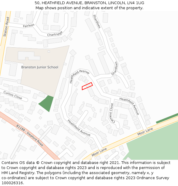 50, HEATHFIELD AVENUE, BRANSTON, LINCOLN, LN4 1UG: Location map and indicative extent of plot