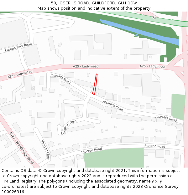 50, JOSEPHS ROAD, GUILDFORD, GU1 1DW: Location map and indicative extent of plot