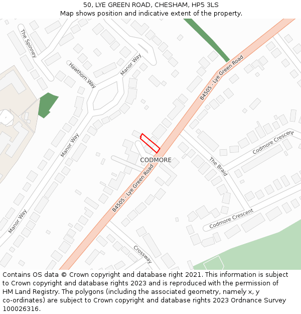 50, LYE GREEN ROAD, CHESHAM, HP5 3LS: Location map and indicative extent of plot