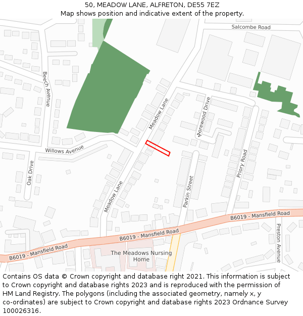 50, MEADOW LANE, ALFRETON, DE55 7EZ: Location map and indicative extent of plot