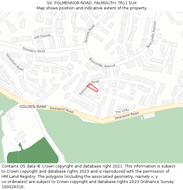 50, POLMENNOR ROAD, FALMOUTH, TR11 5UX: Location map and indicative extent of plot