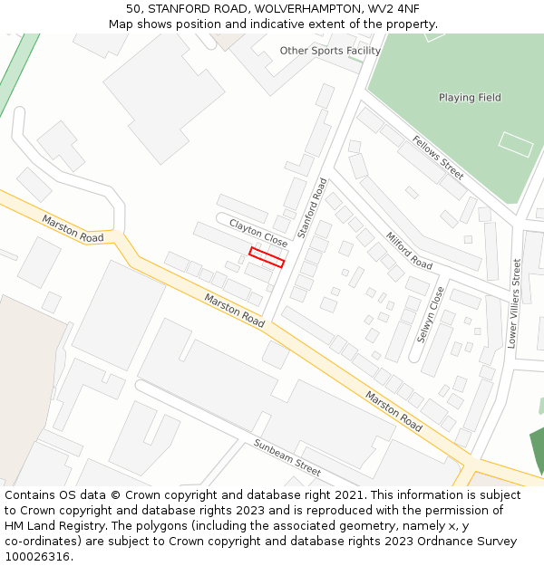 50, STANFORD ROAD, WOLVERHAMPTON, WV2 4NF: Location map and indicative extent of plot