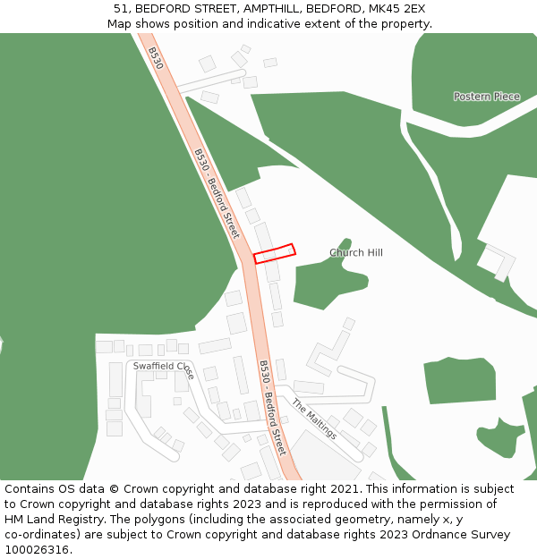 51, BEDFORD STREET, AMPTHILL, BEDFORD, MK45 2EX: Location map and indicative extent of plot
