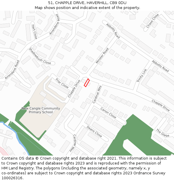 51, CHAPPLE DRIVE, HAVERHILL, CB9 0DU: Location map and indicative extent of plot