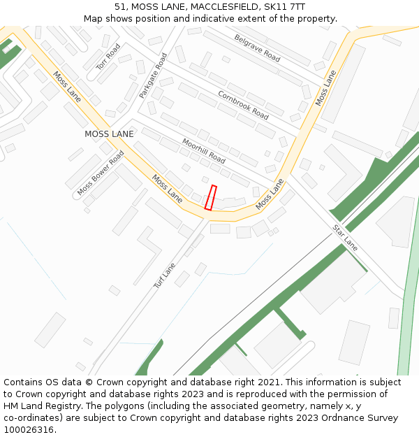 51, MOSS LANE, MACCLESFIELD, SK11 7TT: Location map and indicative extent of plot