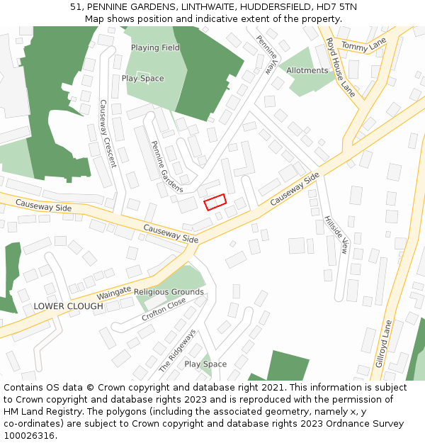 51, PENNINE GARDENS, LINTHWAITE, HUDDERSFIELD, HD7 5TN: Location map and indicative extent of plot