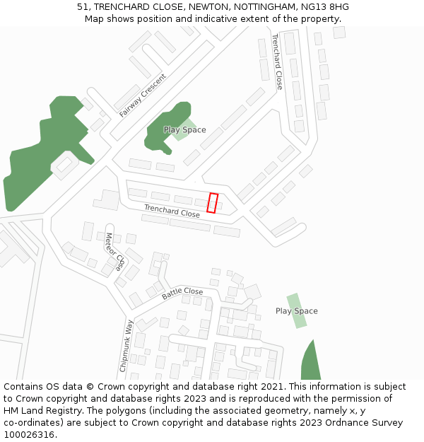 51, TRENCHARD CLOSE, NEWTON, NOTTINGHAM, NG13 8HG: Location map and indicative extent of plot