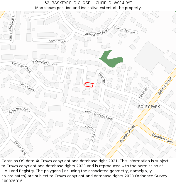 52, BASKEYFIELD CLOSE, LICHFIELD, WS14 9YT: Location map and indicative extent of plot