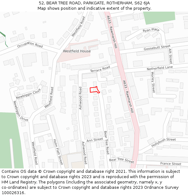 52, BEAR TREE ROAD, PARKGATE, ROTHERHAM, S62 6JA: Location map and indicative extent of plot