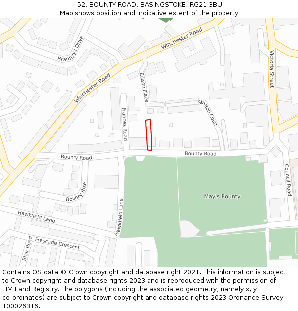 52, BOUNTY ROAD, BASINGSTOKE, RG21 3BU: Location map and indicative extent of plot