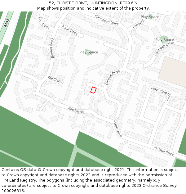 52, CHRISTIE DRIVE, HUNTINGDON, PE29 6JN: Location map and indicative extent of plot