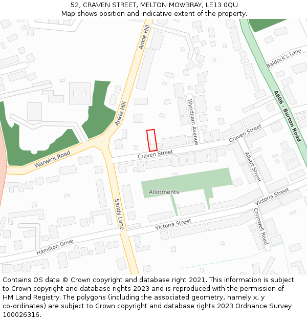 52, CRAVEN STREET, MELTON MOWBRAY, LE13 0QU: Location map and indicative extent of plot