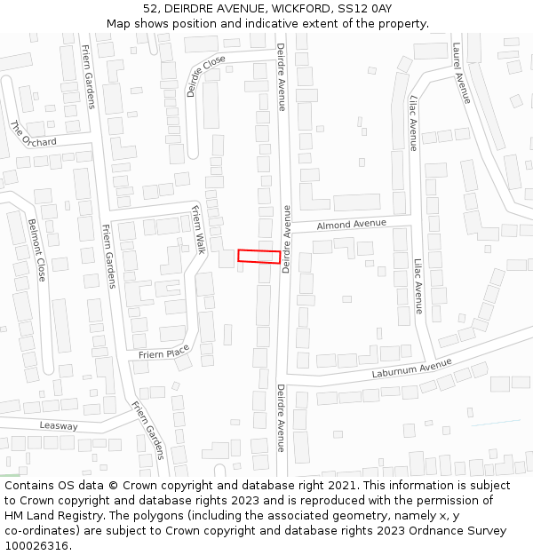 52, DEIRDRE AVENUE, WICKFORD, SS12 0AY: Location map and indicative extent of plot