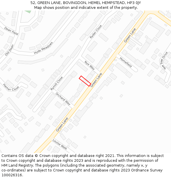 52, GREEN LANE, BOVINGDON, HEMEL HEMPSTEAD, HP3 0JY: Location map and indicative extent of plot