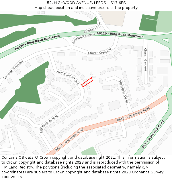 52, HIGHWOOD AVENUE, LEEDS, LS17 6ES: Location map and indicative extent of plot