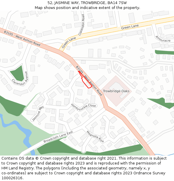 52, JASMINE WAY, TROWBRIDGE, BA14 7SW: Location map and indicative extent of plot