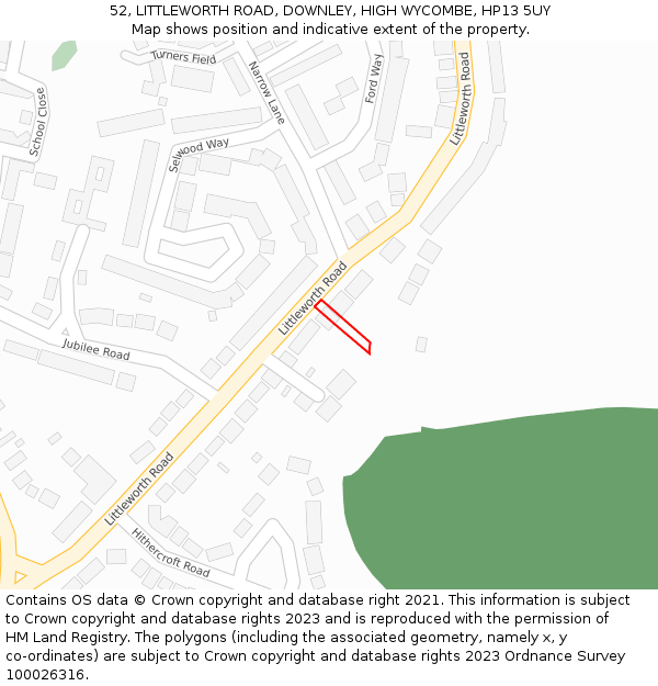 52, LITTLEWORTH ROAD, DOWNLEY, HIGH WYCOMBE, HP13 5UY: Location map and indicative extent of plot