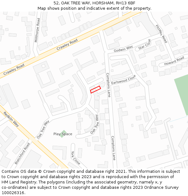 52, OAK TREE WAY, HORSHAM, RH13 6BF: Location map and indicative extent of plot